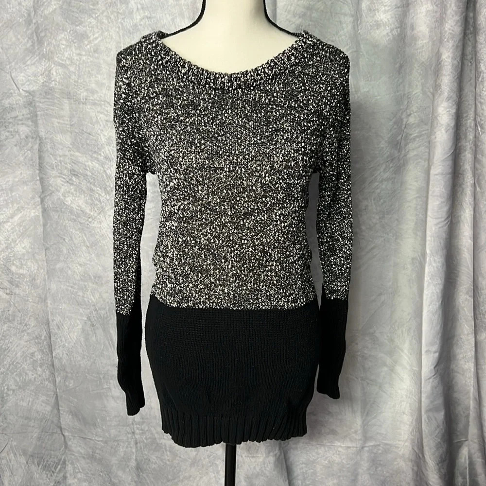 French Connection Black and White Boucle Color Block Scoop Neck Sweater - Medium